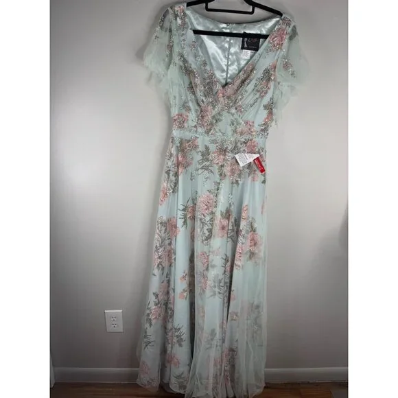 MAC DUGGAL Floral Flutter Sleeve V Neck Maxi Dress Size 8 #70125 Blue Green Pink - Picture 3 of 8